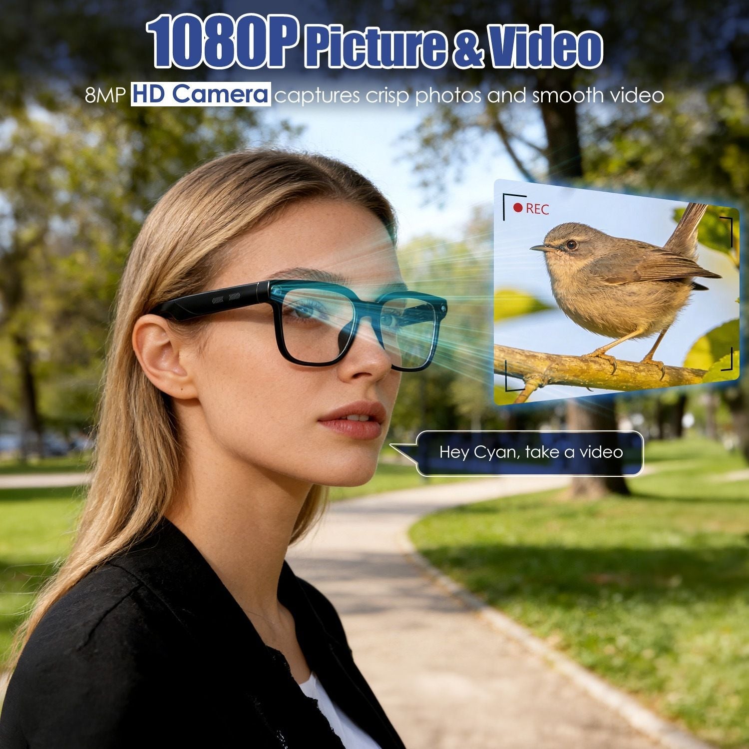 AI Smart Glasses with Camera and Audio 8MP HD1080P Real Time Translation 139 Languages Voice Assistant AI Photo Recognition Music Playback & Hands-Free Calling for Travel Meeting Vlog