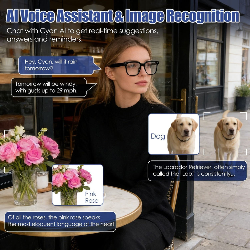 AI Smart Glasses with Camera and Audio 8MP HD1080P Real Time Translation 139 Languages Voice Assistant AI Photo Recognition Music Playback & Hands-Free Calling for Travel Meeting Vlog